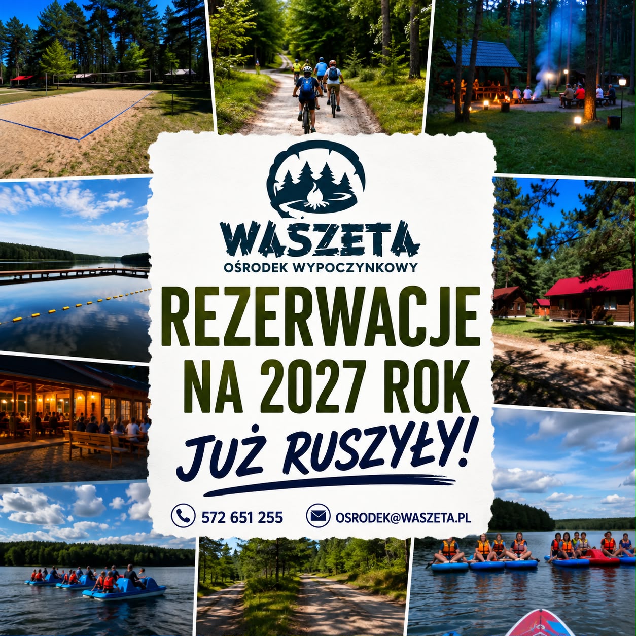 Baner Rezerwacje na 2027 rok już ruszyły z logo ośrodka Waszeta, telefonem 572 651 255 i adresem osrodek@waszeta.pl
